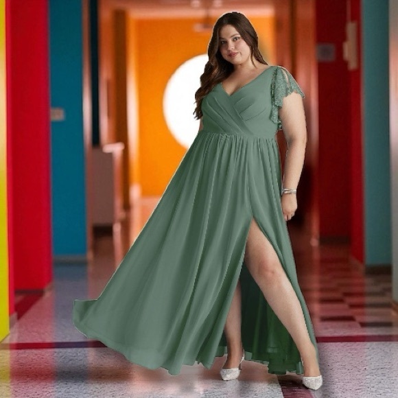 Azazie Zella A22 Eucalyptus Chiffon Bridesmaid Dress - Picture 1 of 16